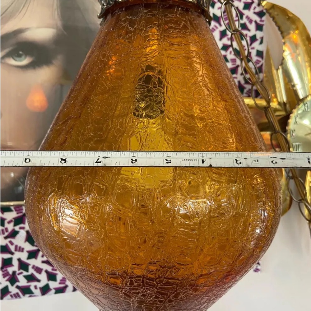 Vintage swag lamp large crackled amber glass Hollywood regency teardrop - Picture 9 of 10